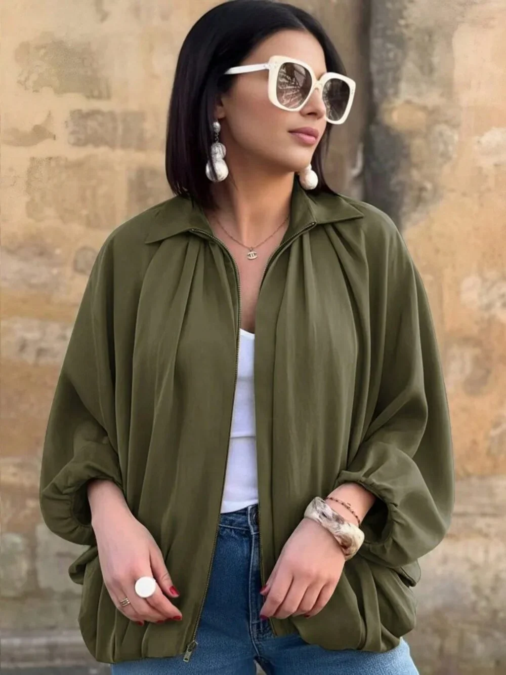 Dark Green Puff Bomber Women's lightweight  Jacket